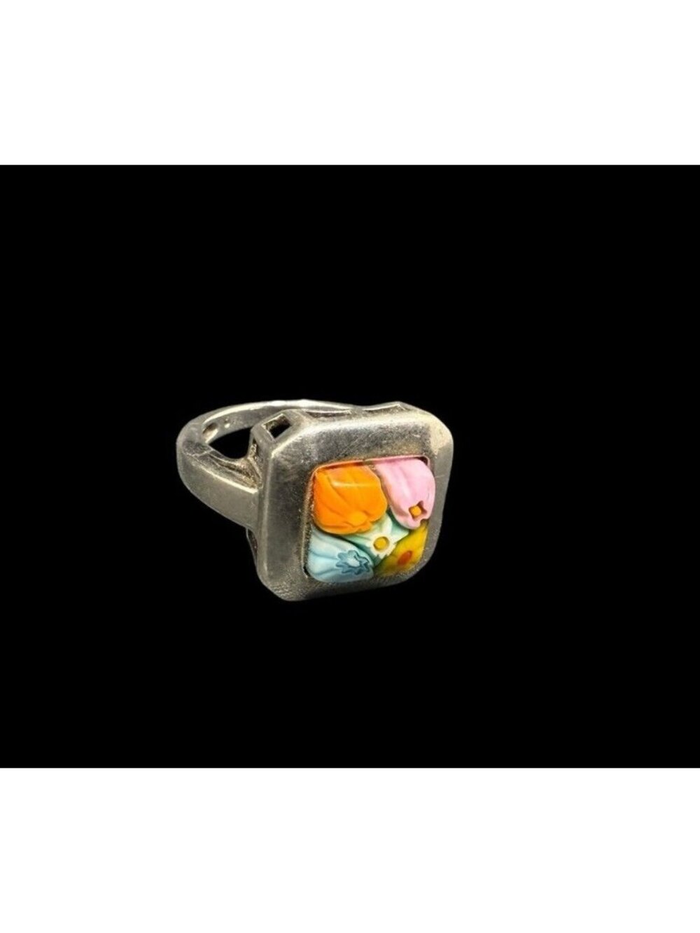 Alan K Sterling Silver Ring Square Millefiori Floral Murano Glass Size 6